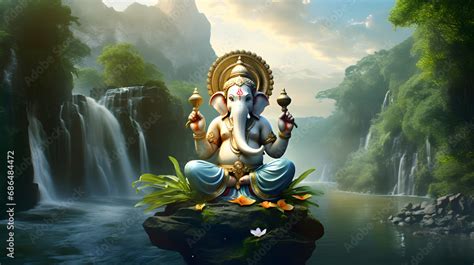 Lord Ganesha With Background Of Waterfall Stock Photo Adobe Stock