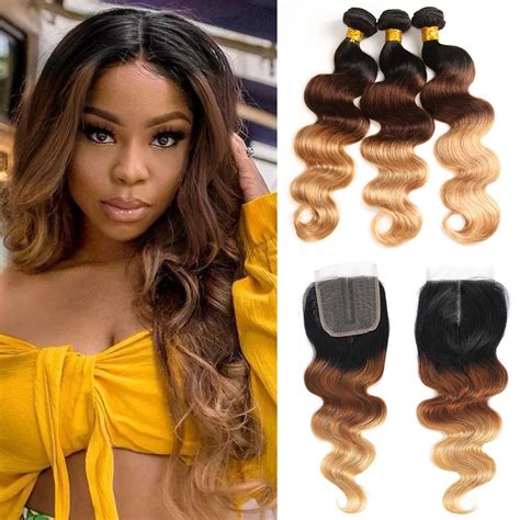 Colored Brazilian Body Wave Hair Weave 34 Bundles With Closure Blonde