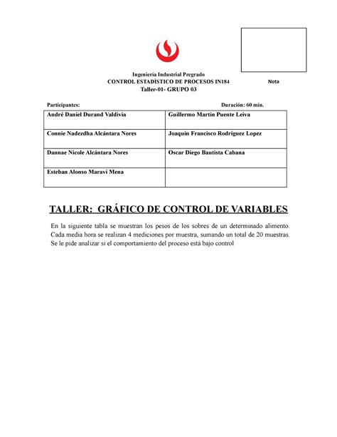 Cep Taller Grafico Control Variables X R Grupo