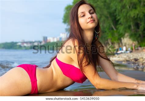 Beautiful Sexy Girl Pink Bikini Lying Stock Photo Shutterstock