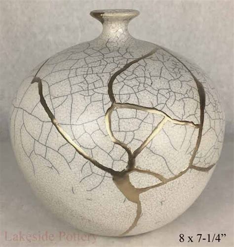 Raku Crackle White Hand Made Vase With Kintsugi Repair Kintsugi Art