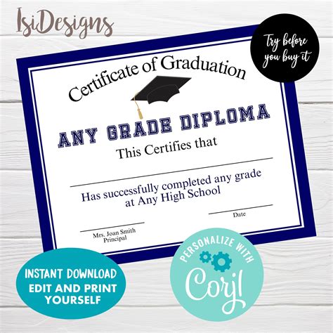 "Editable Certificate of Graduation, Instant Download, Any Grade ...