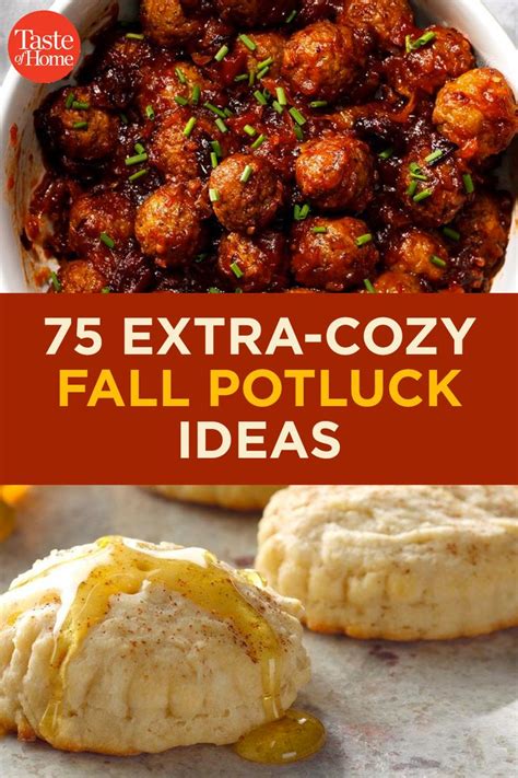 The Cover Of 75 Extra Cozy Fall Potluck Ideas