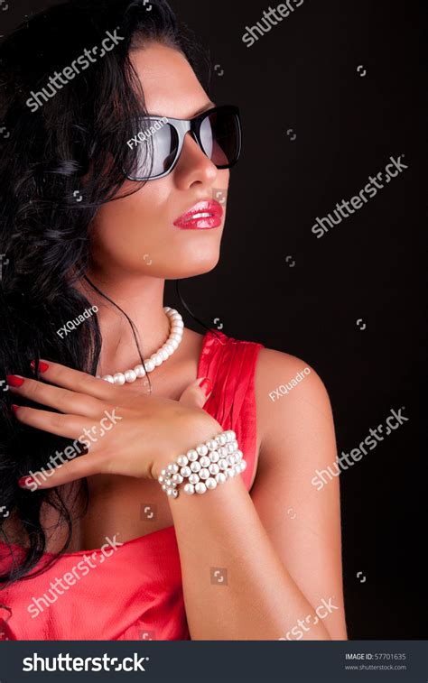 Sexy Brunette Wearing Sunglasses Red Dress Stock Photo 57701635 Shutterstock