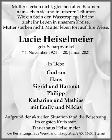 Traueranzeigen Von Lucie Heiselmeier Trauer In Nrw De