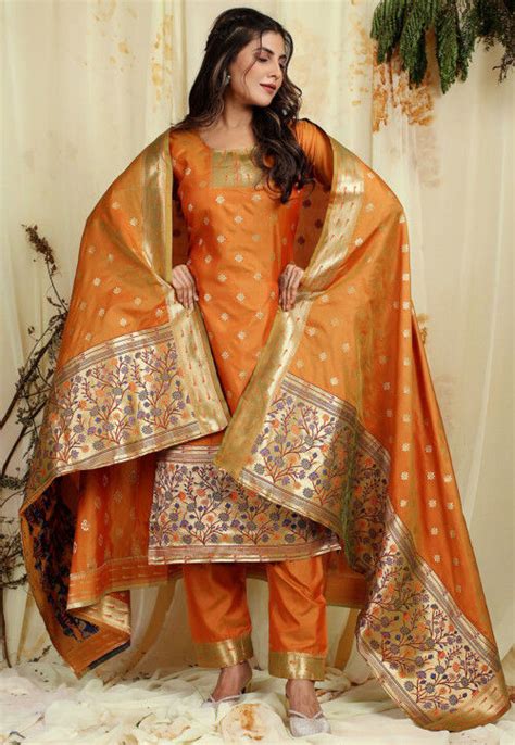 Buy Woven Art Silk Jacquard Pakistani Suit In Rust Online KKV155