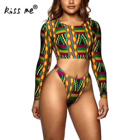 African Print Two Pieces Swimsuit High Waist Bikini Set Long