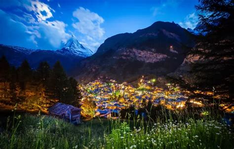 Wallpaper landscape, mountains, night, lights, Moonlit Matterhorn for ...