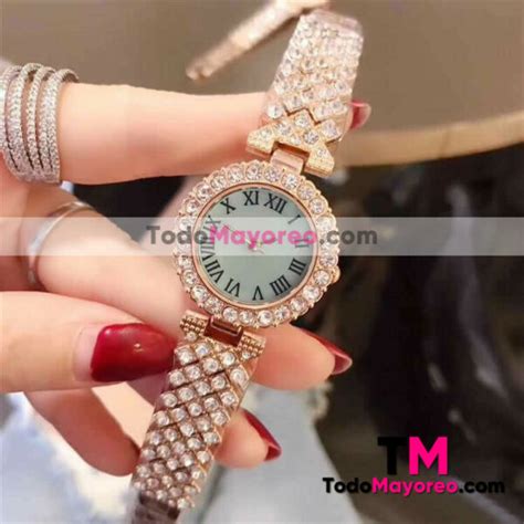 Reloj Numeros Romanos Rosado Extensible Metal Con Diamantes Beige R