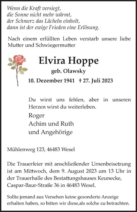 Traueranzeigen Von Elvira Hoppe Trauer In Nrw De