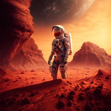 Premium Photo Astronaut Exploring Planet Mars With Mountains Created