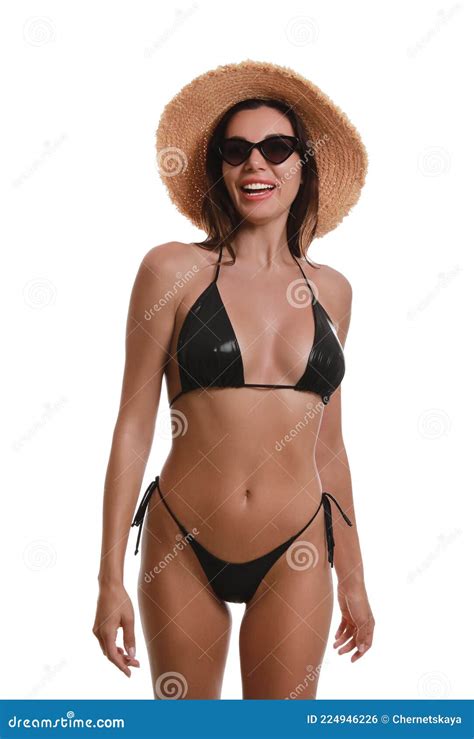 Hermosa Mujer En Bikini Elegante Con Fondo Blanco Foto De Archivo