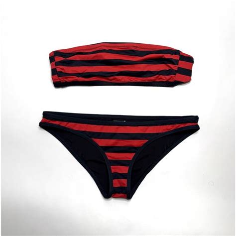 Kate Spade Swim Kate Spade Saturday Blackred Striped Bandeau Bikini Topbottoms Medium