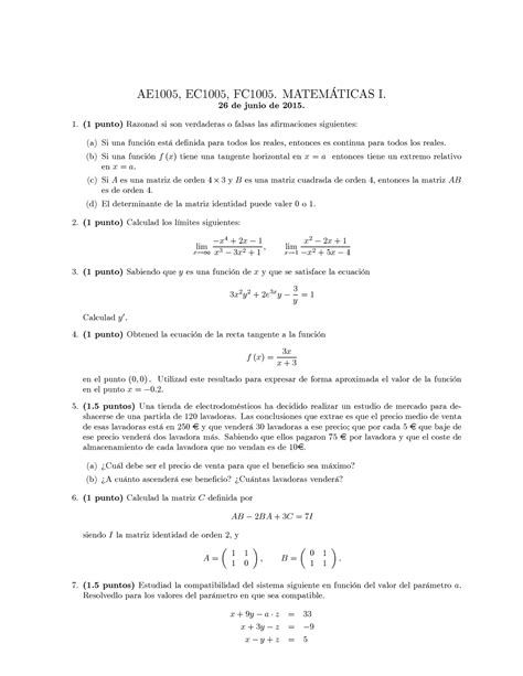 Examen 2015 Conv02 AE1005 EC1005 FC1005 MATEMTICAS I 26 De Junio