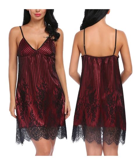 Sexy Lingerie Women Satin Lace Chemise Layered Full Slips Babydoll Sleepwear Wine Red