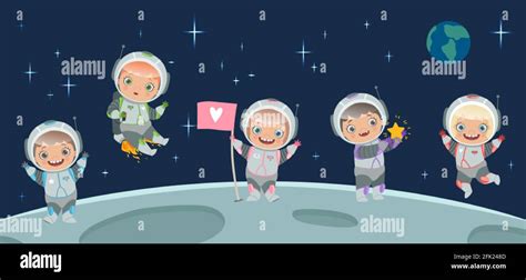 Niños astronauta en la luna Ilustración de fondo de espacio Dibujos