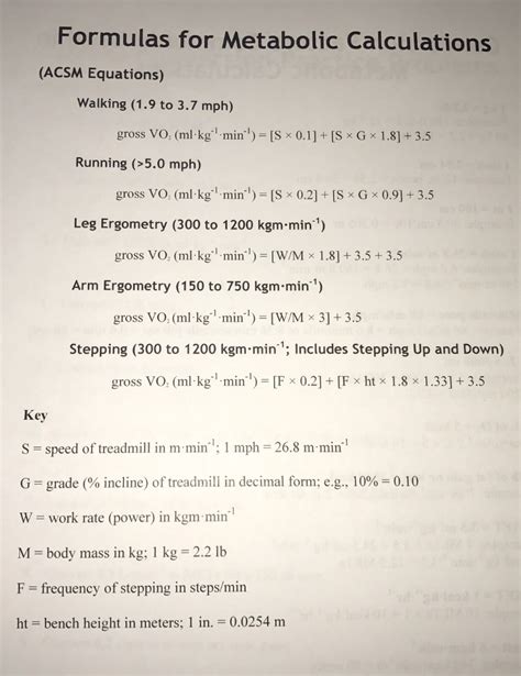 Solved Formulas For Metabolic Calculations Acsm Equations Chegg