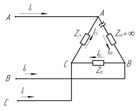 5.4.4. Обрыв одной фазы в трехпроводной трехфазной цепи