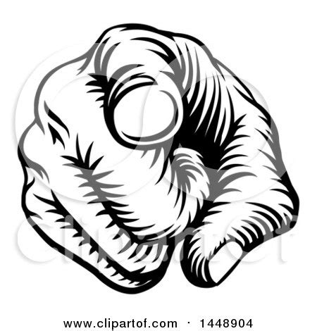 Clipart Of A Black And White Retro Woodcut Hand Pointing Outwards