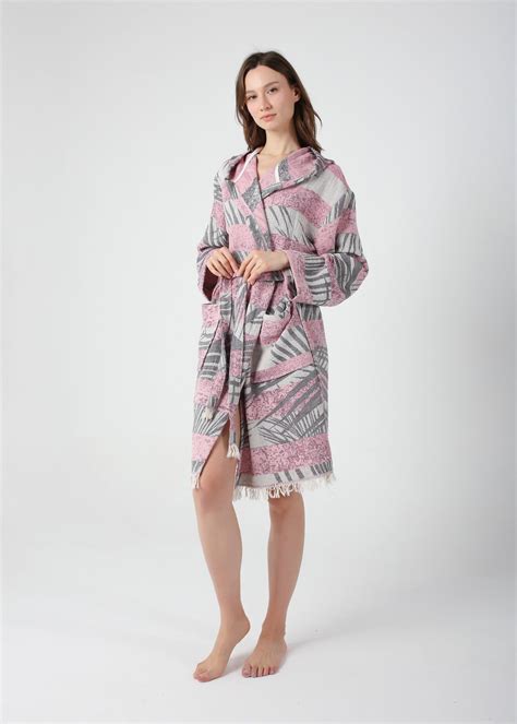 Pink Palm Jacquard Turkish Cotton Robe For Women Lightweight Dressing