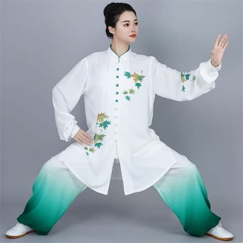 Green Gradient Chinese Kung Fu Uniforms For Women Leaves Pattern Tai