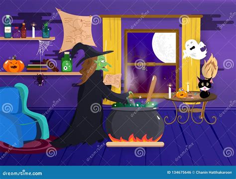 Halloween Witch Is Cooking In Her House Costume Cartoon Pumpkin