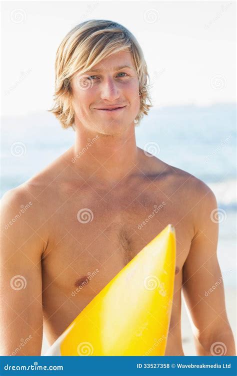 Handsome Man With His Surfboard At The Beach Stock Photo Image Of