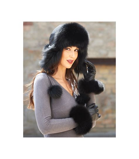 Womens Black Fox Fur Trapper Hat With Pom Poms FurHatWorld