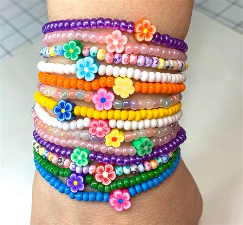 Boho Style Stacking Seed Bead Bracelets With Flowers Flower Bead