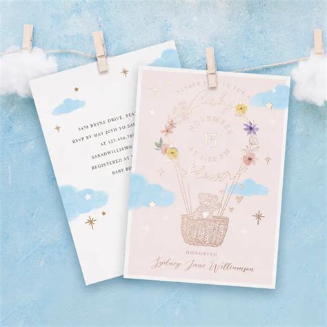 Pink Floral Hot Air Balloon Teddy Bear Baby Shower Foil Invitation Zazzle