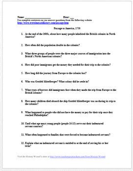 Indentured Servitude And Immigration In Colonial America Worksheet