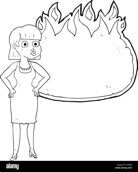 Freehand Drawn Black And White Cartoon Woman In Dress With Hands On