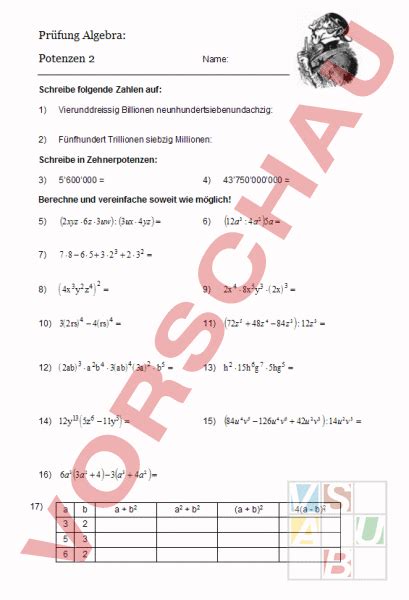 Arbeitsblatt Potenzen Mathematik Addition