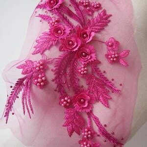 Hot Pink D Beaded Lace Applique With Embroidered D Flowers Fushcia Pink Lace Applique For