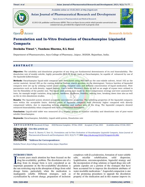 Pdf Formulation And In Vitro Evaluation Of Oxcarbazepine Liquisolid