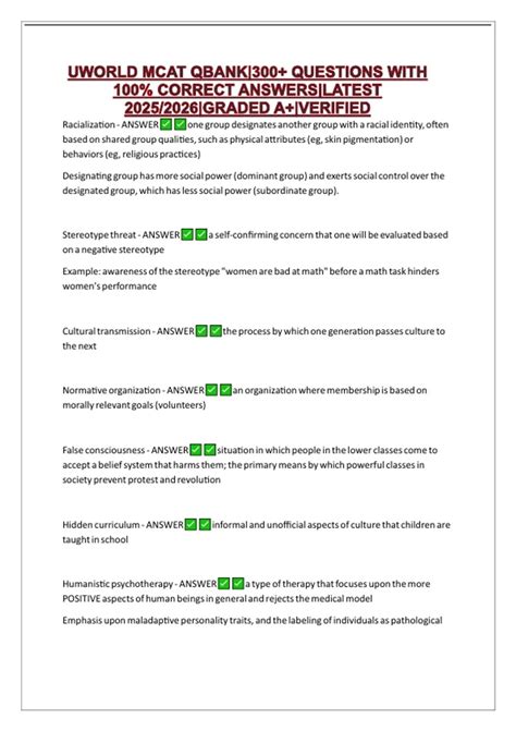 UWORLD MCAT QBANK|300+ QUESTIONS WITH 100% CORRECT ANSWERS|LATEST 2025/ ...