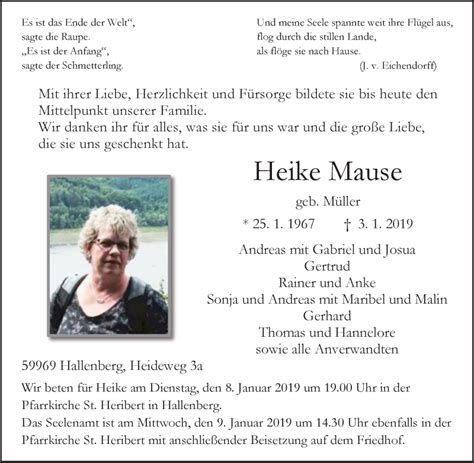 Traueranzeigen Von Heike Mause Trauer In NRW De