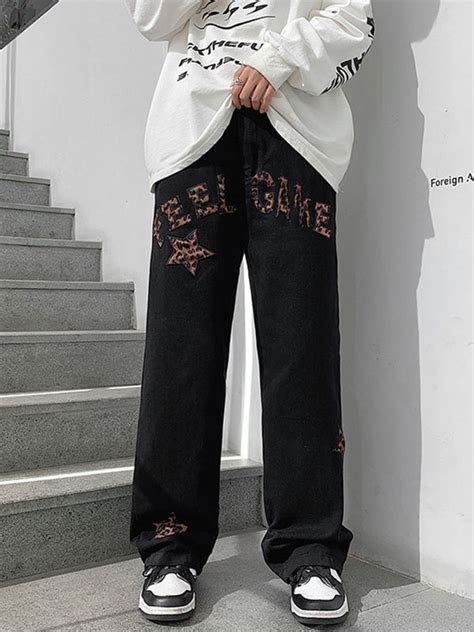 Emmiol Free Shipping Men S Letter Star Patched Straight Leg Jeans