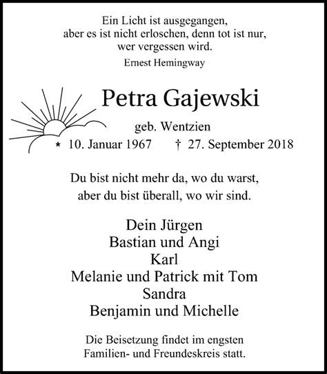 Traueranzeigen Von Petra Gajewski Trauer In Nrw De