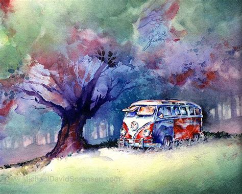 23 Window Deluxe Vw Bus Art Watercolor By Michaeldavidsorensen Bus