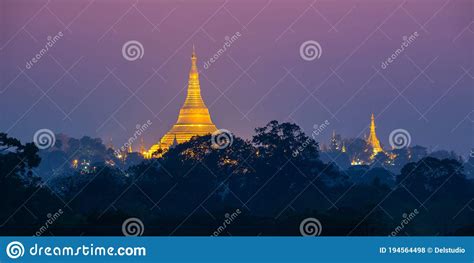 Panorama Of The Shwedagon Pagoda Illuminated At Night In Yangon Burma