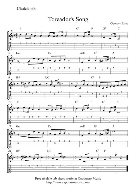 Easy Sheet Music For Beginners Toreadors Song Free Easy Ukulele Tab