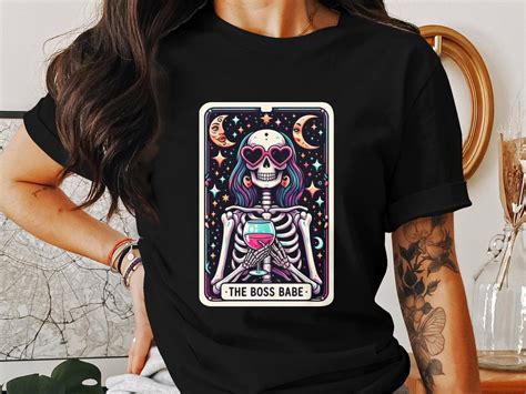 Funny Tarot Card T Shirt The Boss Babe Skeleton With Wine Gothic Art Tee Colorful Skull