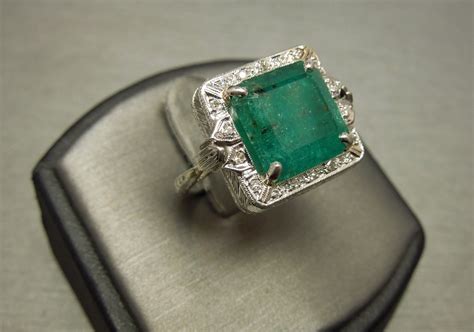 Art Deco Emerald Ring 6.82TCW Platinum Engraved C1930