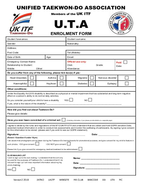 Fillable Online UTA Membership Form 2018 Version2 2018 Doc Fax Email