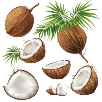 Coconut Palm Realistic Set Nature Floral Green Png Transparent Image