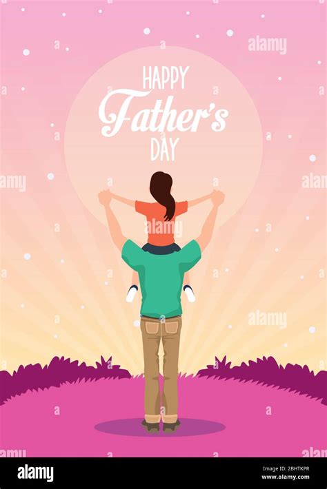 Fathers Day Card With Dad Carrying Daughter Characters Stock Vector