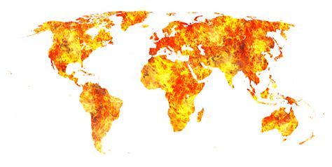 World Map On Fire Representing Climate Change War Or Other Global ...