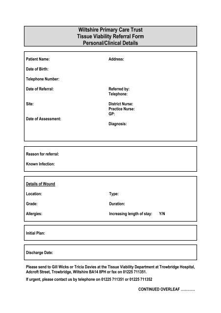 Wiltshire Primary Care Trust Tissue Viability Referral Form Icid