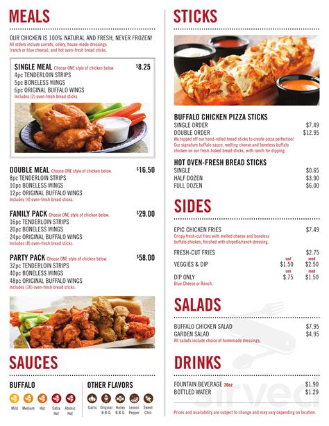 Epic Wings Menu In San Diego California Usa